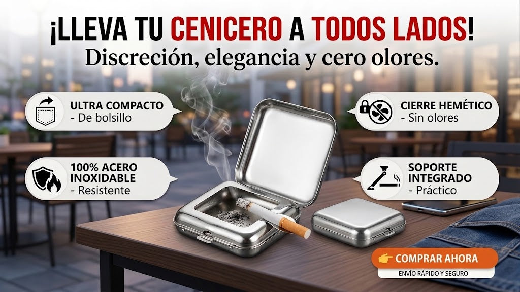 Cenicero Portátil de Bolsillo Cuadrado en Acero Inoxidable Plateado